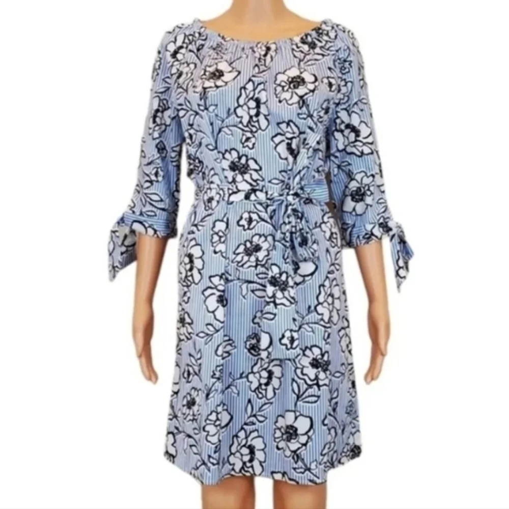 NEW Como vintage blue stripe floral 3/4 sleeve Dress